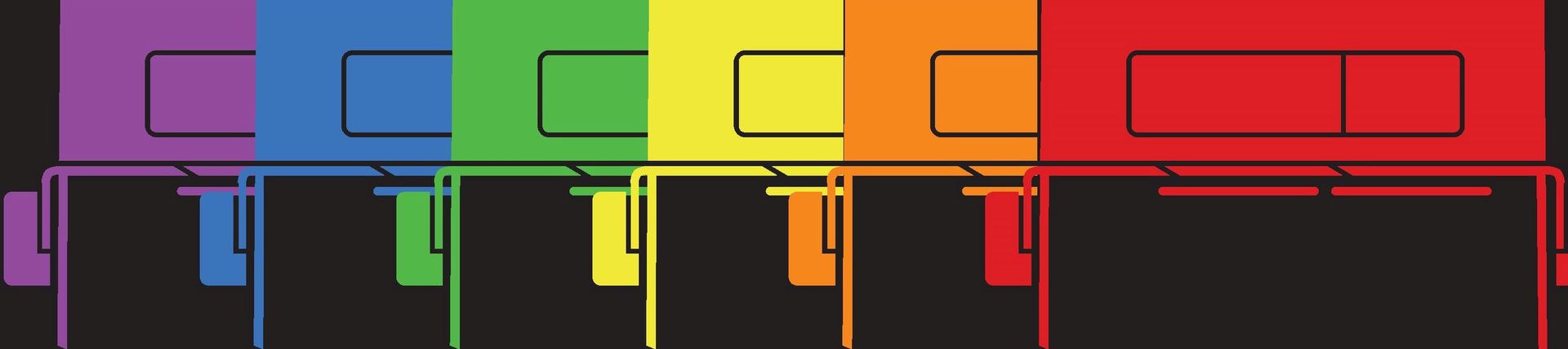 An illustration of a row of rainbow buses