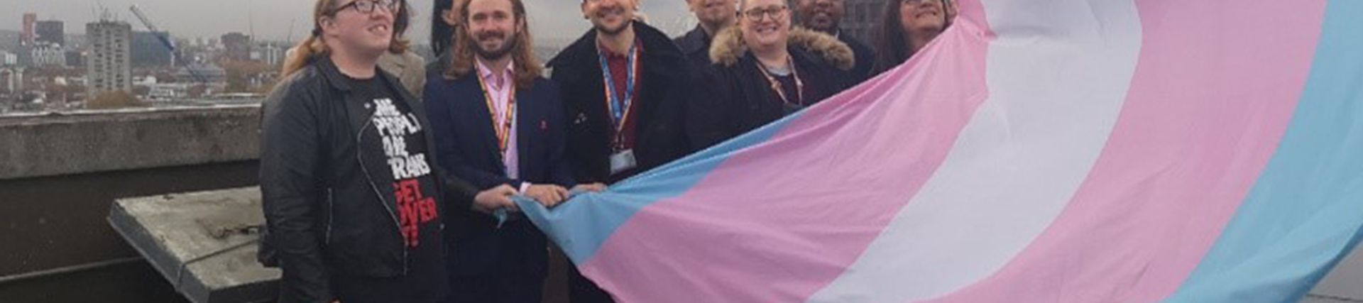 Trans pride flag above 55 Broadway, 12 November 2018, photo © Andy De Santis