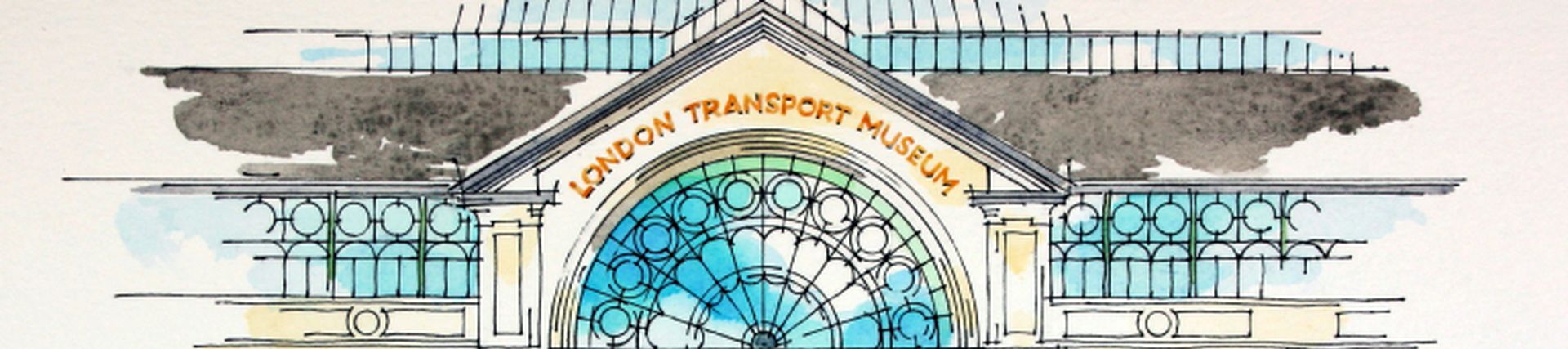A drawing depicting a Victorian building with arches and large buildings and a sign reading London Transport Museum