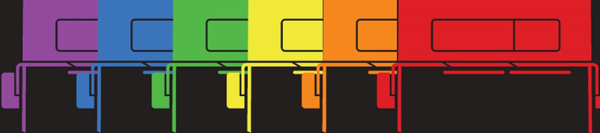 Poster depicting 6 double decker buses in the colours of the LGBT rainbow flag