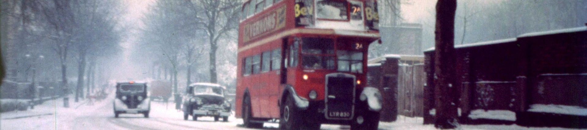  A bus driving through snow, London Transport, circa 1970