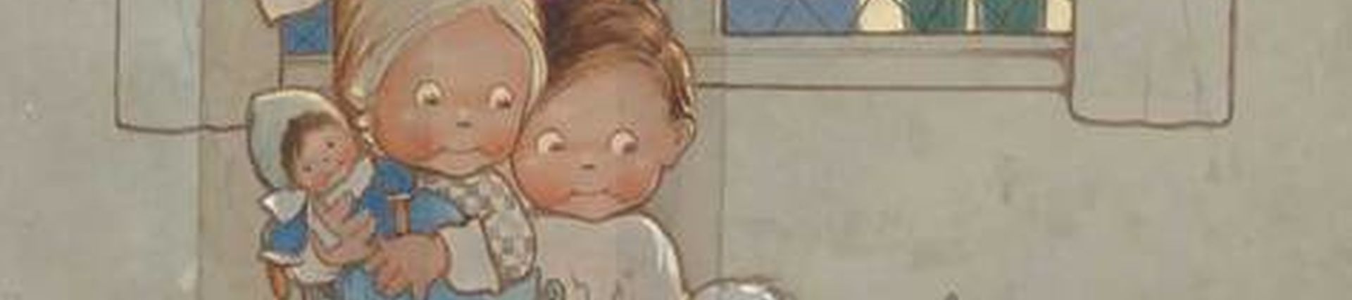detail of a poster showing a girl and boy surrounded by toys