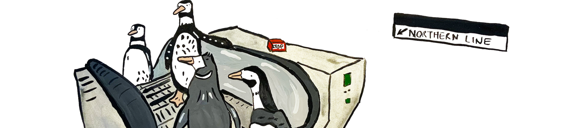 Drawing of four penguins riding down on Underground escalator. On the floor on the foreground is a red TfL roundel.