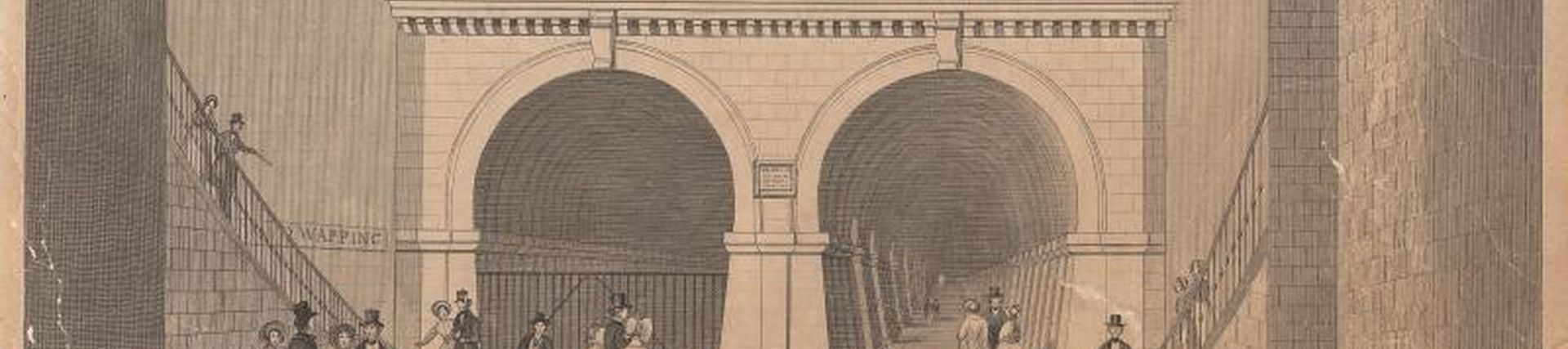 Drawing of the Thames Tunnel showing the two entrances and pedestrians walking through