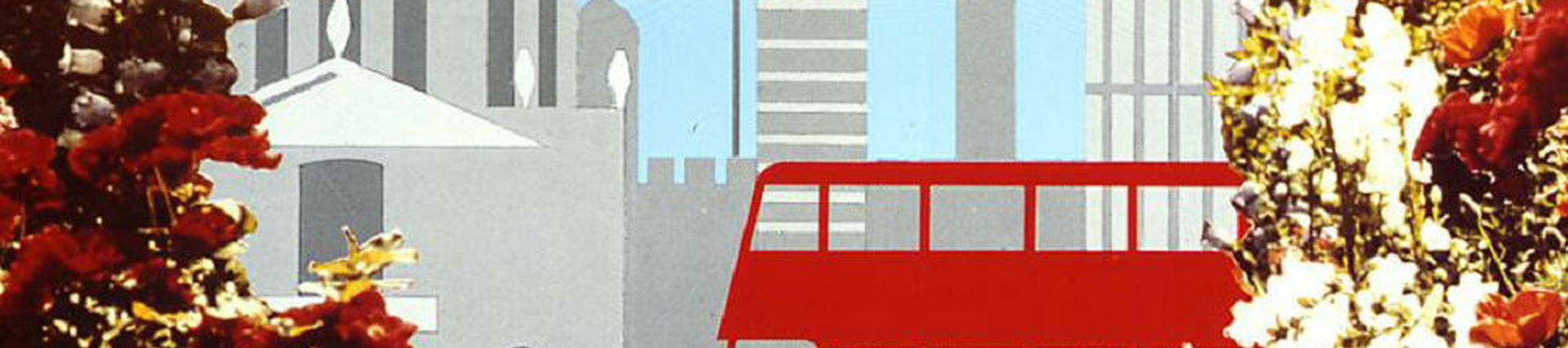Poster with illustration of a bus and St Pauls with flowers in the foreground