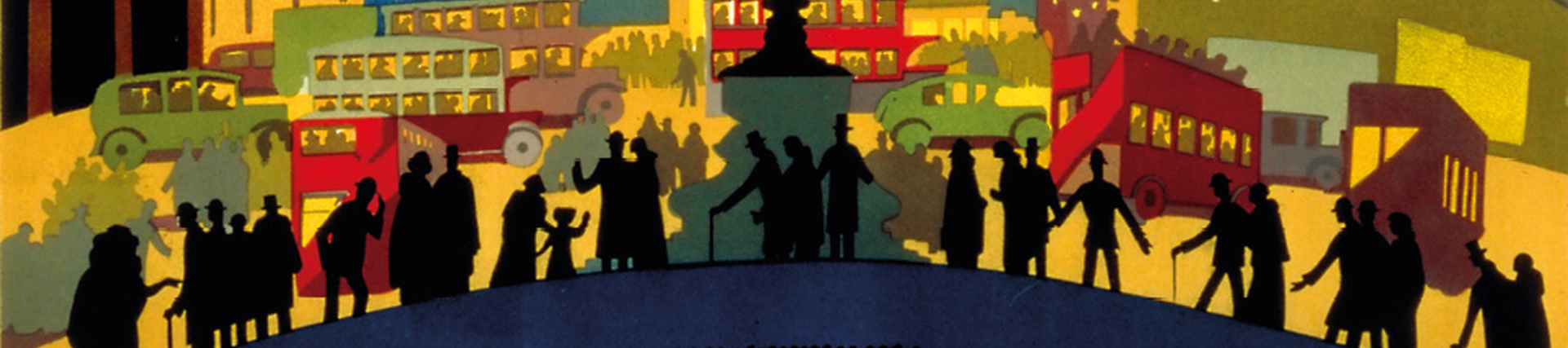 Poster of London at night with li up buildings and silhouettes of people in front
