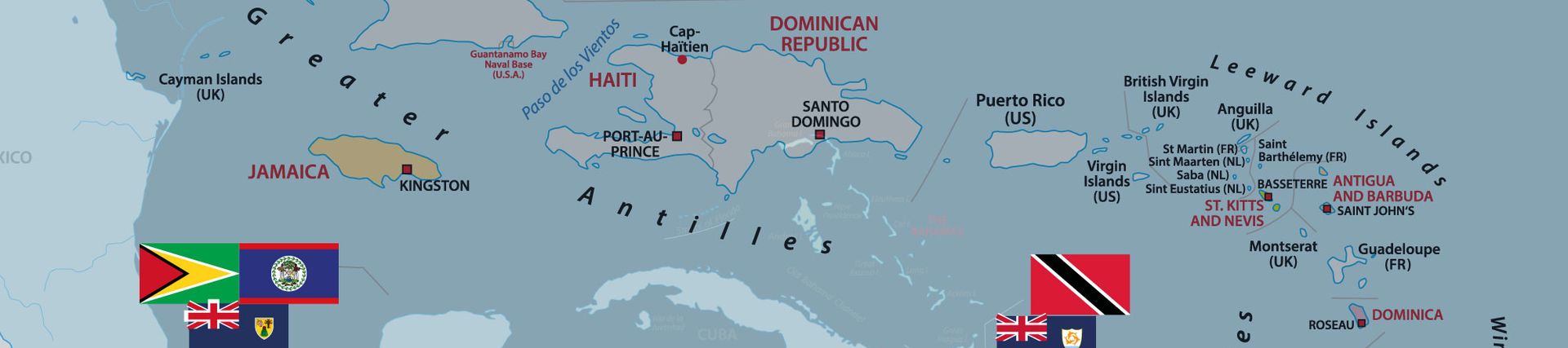 Map of the Caribbean with flags